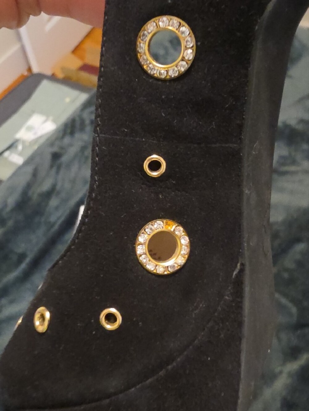 Michael Kors Black Suede Peep-Toe Heels with Gold Grommet Accents - Picture 5 of 5